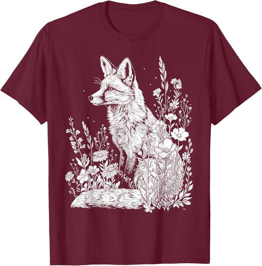 Cottagecore Fox Flowers Wild Floral Botanical Aesthetic Fox T-Shirt - T-Shirt | Maroon