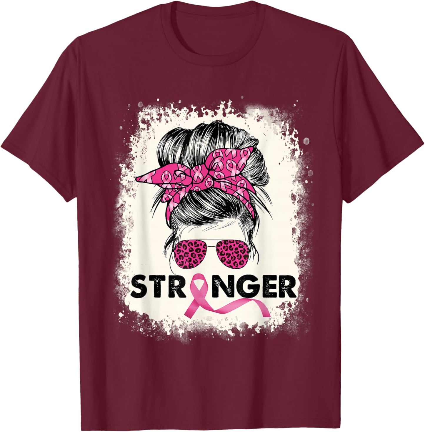 Stronger Messy Bun Breast Cancer Awareness Pink Warrior T-Shirt - T-Shirt | Maroon