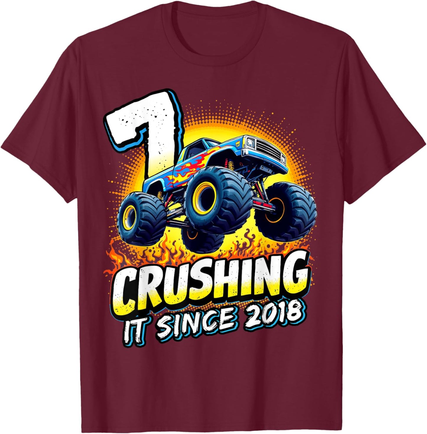 Birthday Monster Truck 7 year Old Boys 7th Party Born 2018 T-Shirt - T-Shirt | Maroon