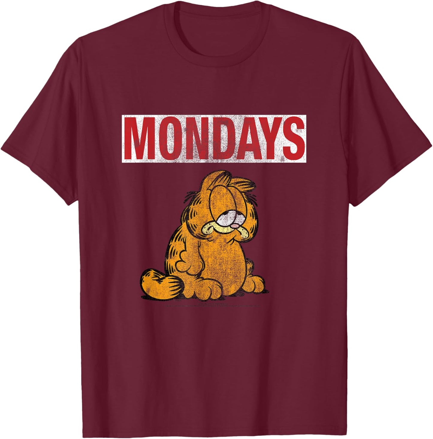 Garfield Hates Mondays Distressed Cat Cartoon T-Shirt - T-Shirt | Maroon