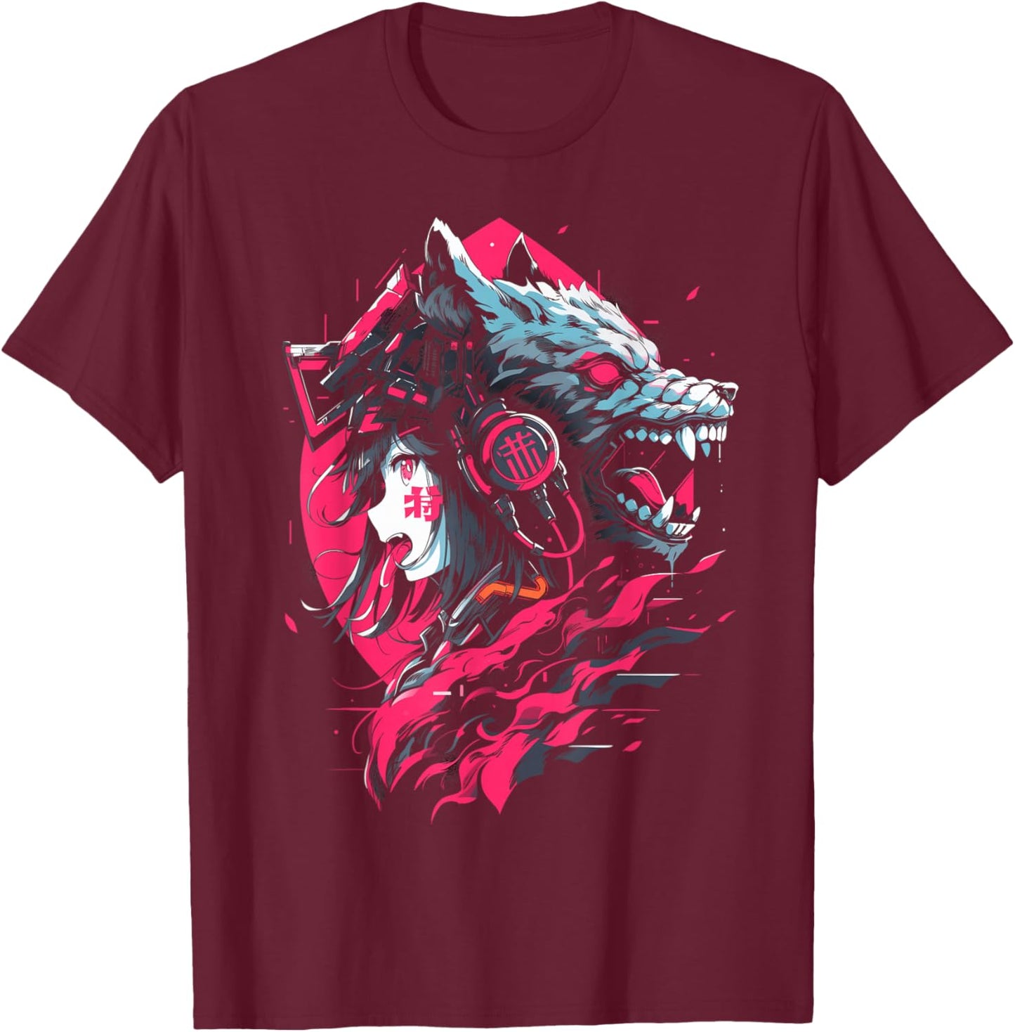 Anime Manga Cyberpunk Aesthetic Techwear Harajuku | Wolf T-Shirt - T-Shirt | Maroon