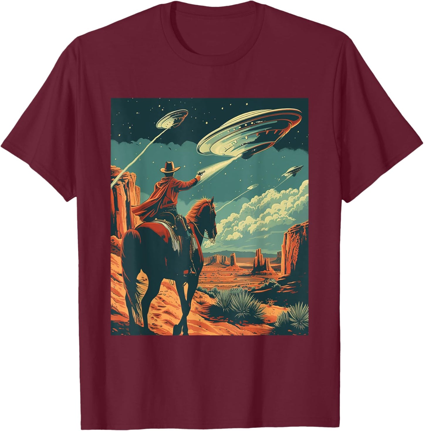 Retro Desert Cowboy Riding Horse Shooting At Space UFO Art T-Shirt - T-Shirt | Maroon