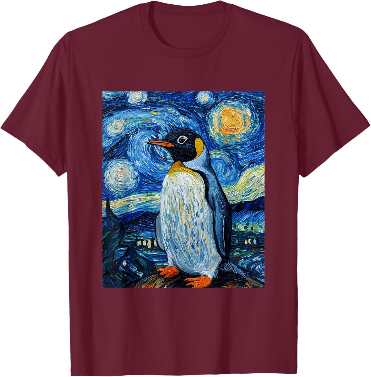 Penguin Bird - Van Gogh Style - Starry Night T-Shirt - T-Shirt | Maroon
