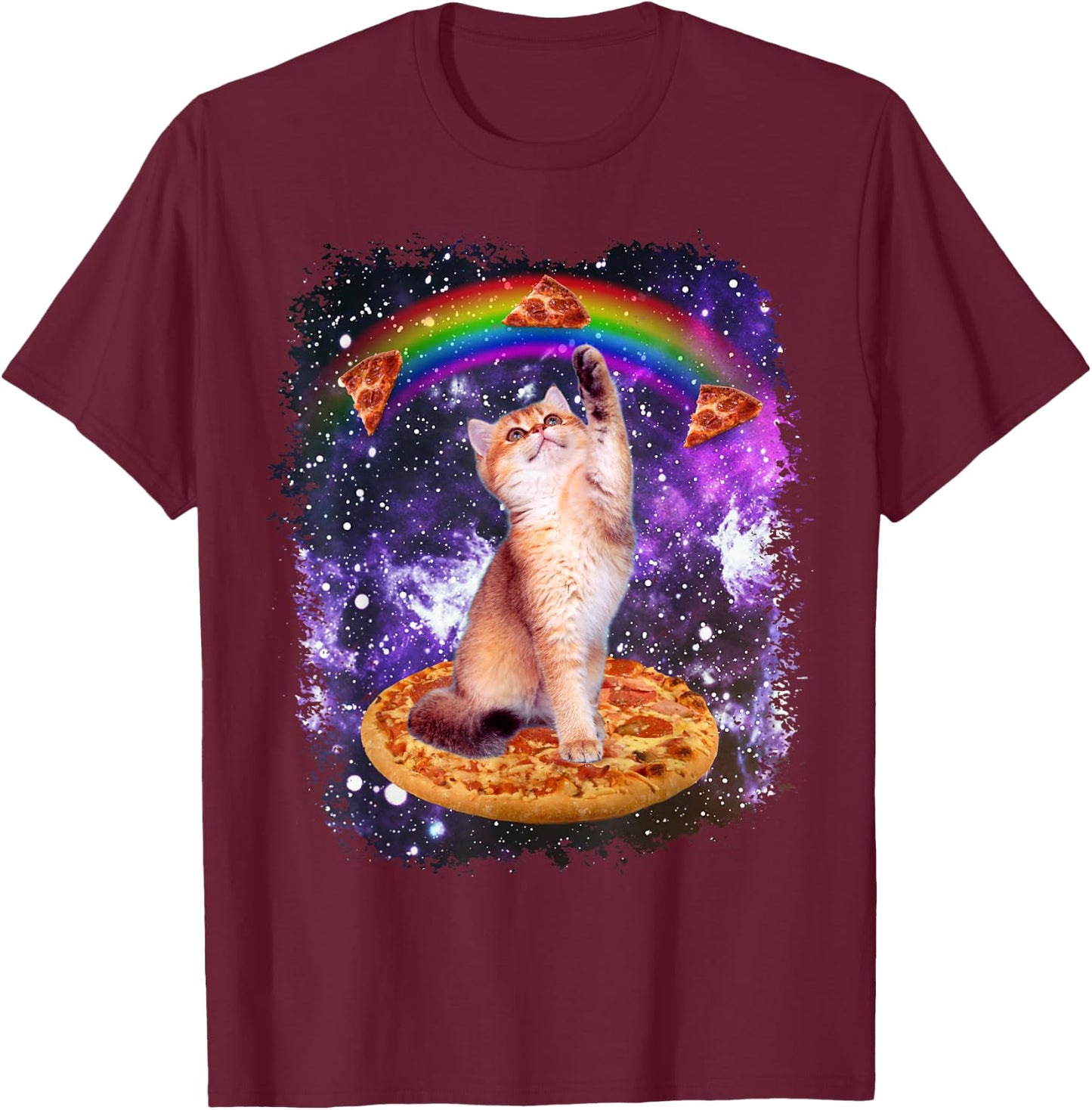 Space Cat Pizza Rainbow Cat Galaxy Cute Kitty in Space T-Shirt - T-Shirt | Maroon