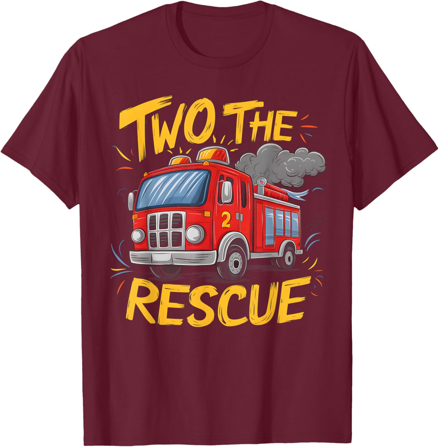 Two The Rescue Firetruck 2 Yr old boy 2nd Birthday Party T-Shirt - T-Shirt | Maroon