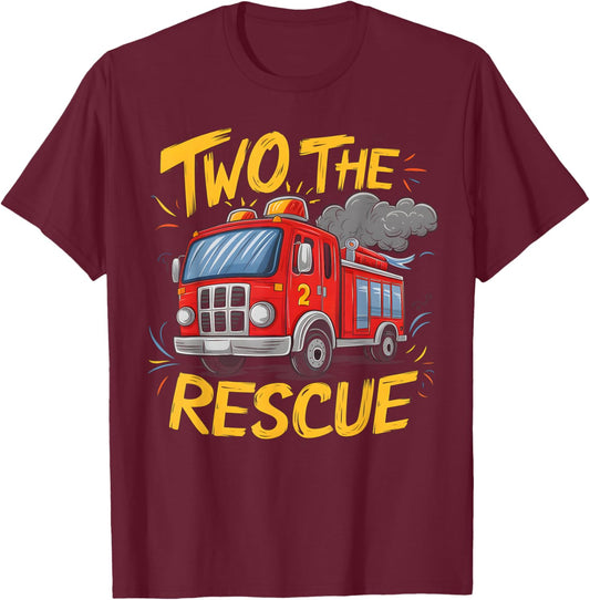 Two The Rescue Firetruck 2 Yr old boy 2nd Birthday Party T-Shirt - T-Shirt | Maroon