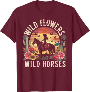 Retro Southern Sunset Cowgirl Wild Flowers Wild Horses T-Shirt - T-Shirt | Maroon