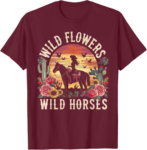 Retro Southern Sunset Cowgirl Wild Flowers Wild Horses