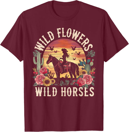 Retro Southern Sunset Cowgirl Wild Flowers Wild Horses T-Shirt - T-Shirt | Maroon