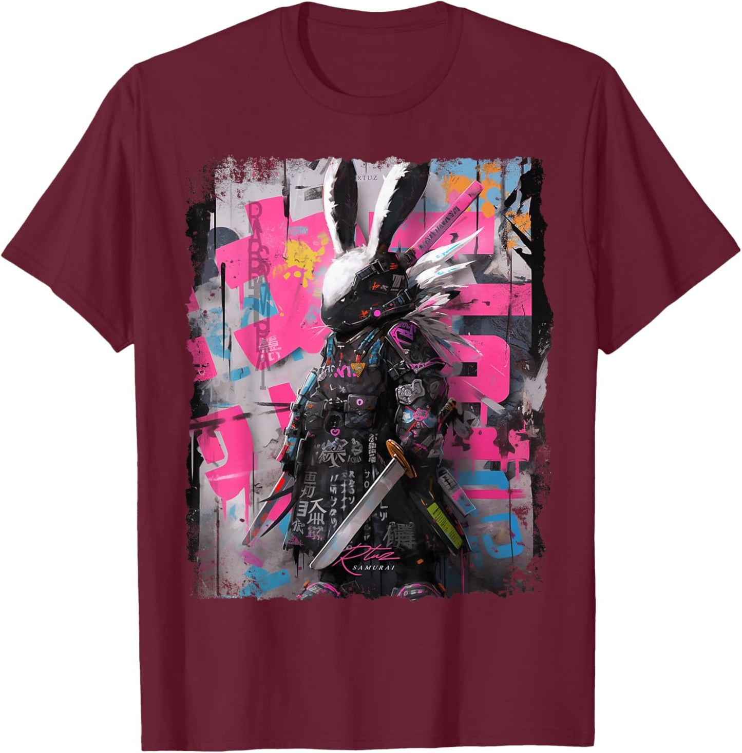 Hip Hop Y2K Vintage Hipster Hare Streetwear Bunny Samurai T-Shirt - T-Shirt | Maroon