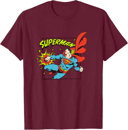 Amazon Essentials DC Comics Superman Action Punch Comic Square T-Shirt - T-Shirt | Maroon