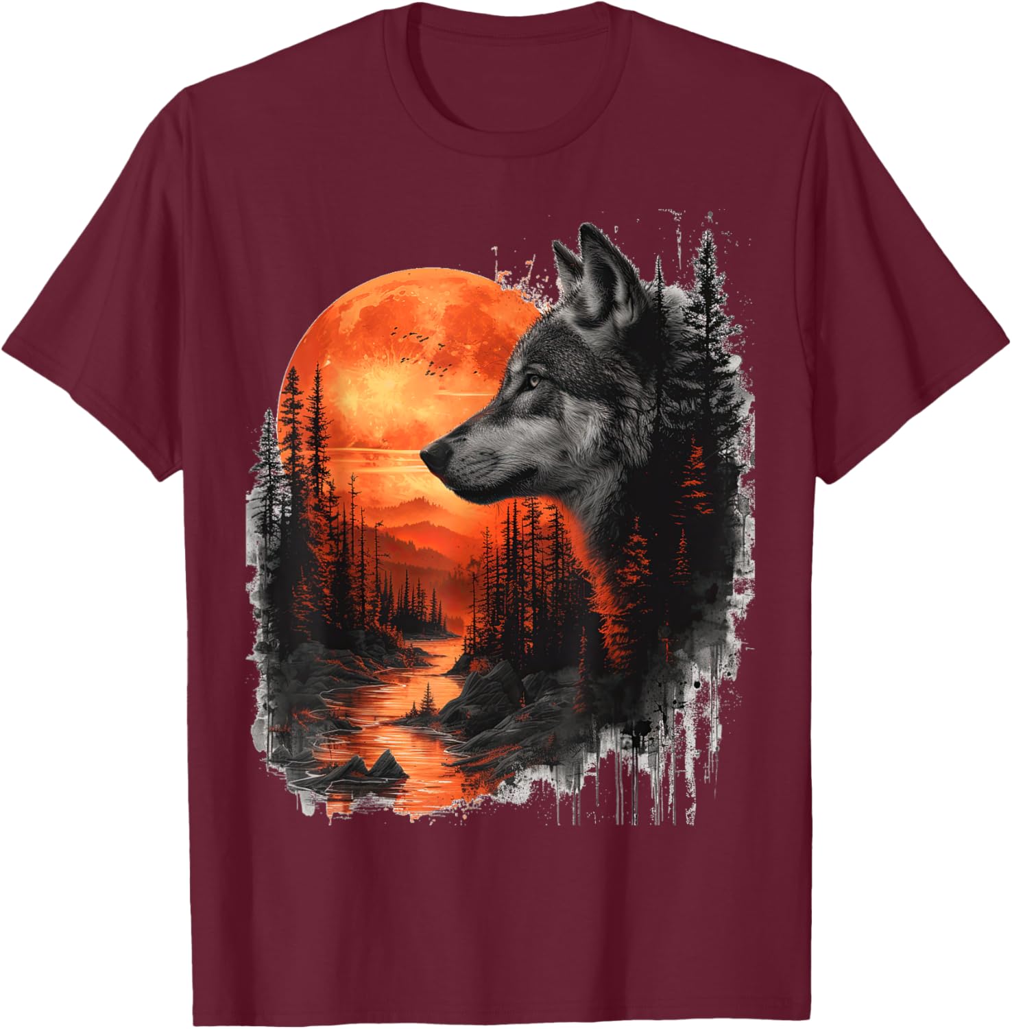 Wolf in front of moon and trees wolves wild animal T-Shirt - T-Shirt | Maroon