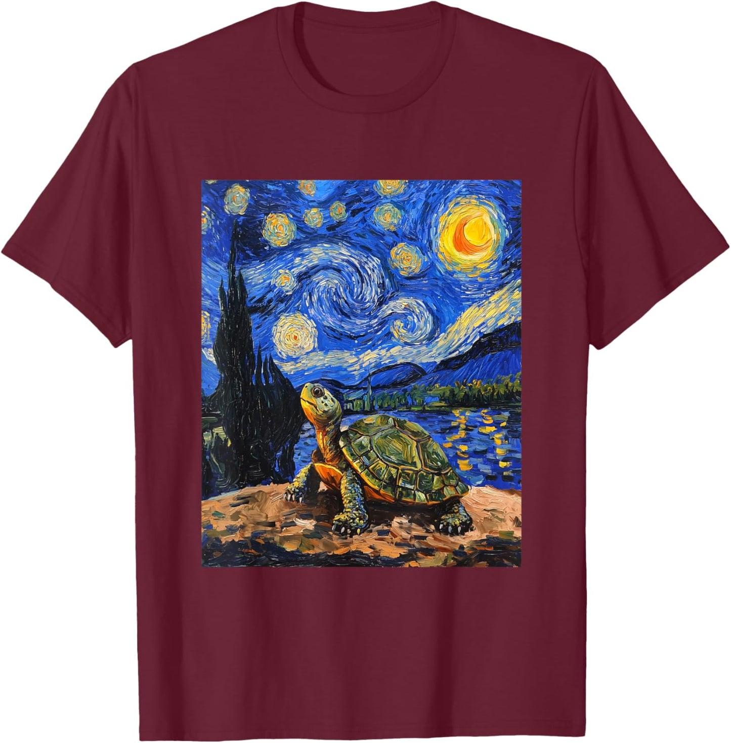 Cute Tortoise Turtle - Van Gogh Style - Starry Night T-Shirt - T-Shirt | Maroon