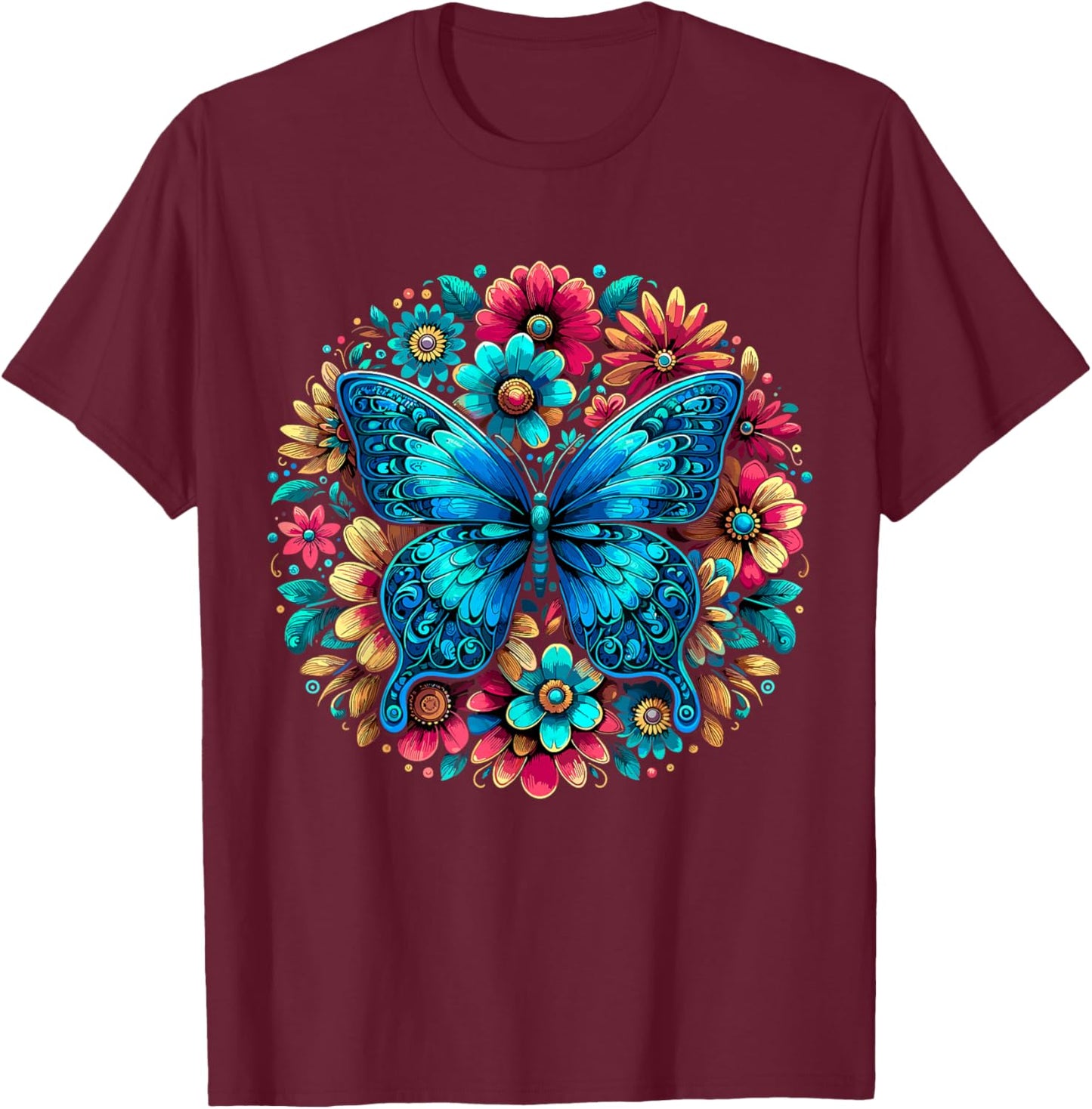 Butterfly With Flowers Aesthetic Butterfly T-Shirt - T-Shirt | Maroon