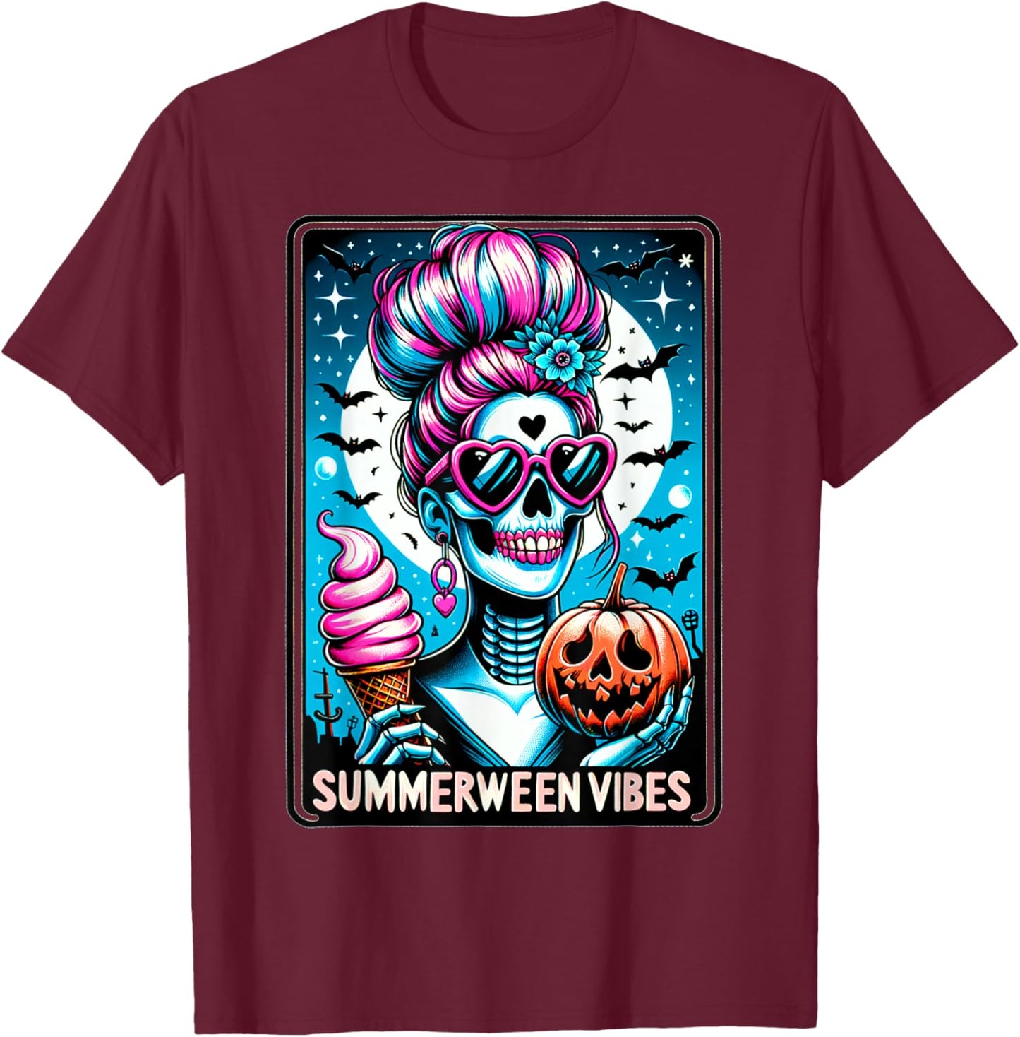 Summerween Vibes Skeleton Ice Cream Summer Vacation Funny T-Shirt - T-Shirt | Maroon