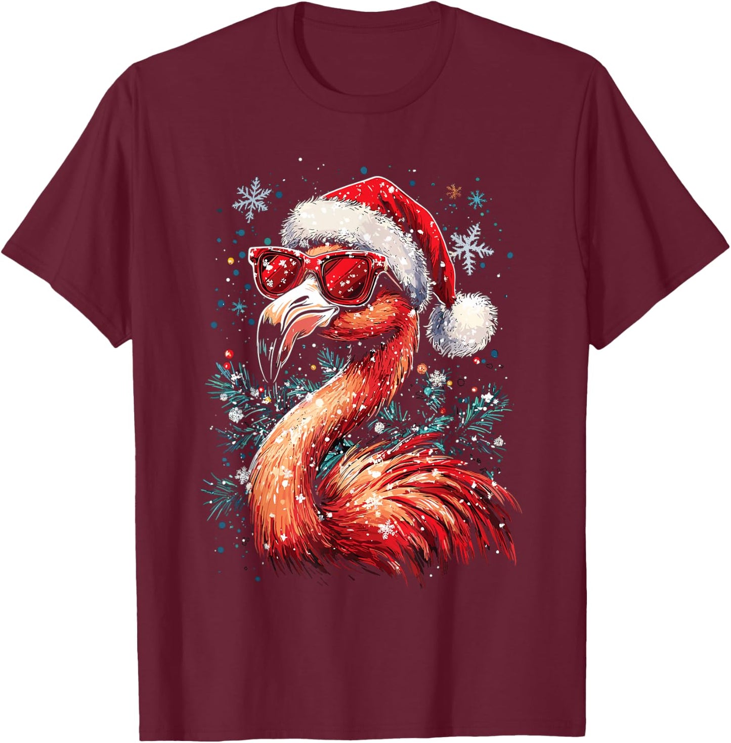Festive Tropical Flamingo Christmas T-Shirt - T-Shirt | Maroon