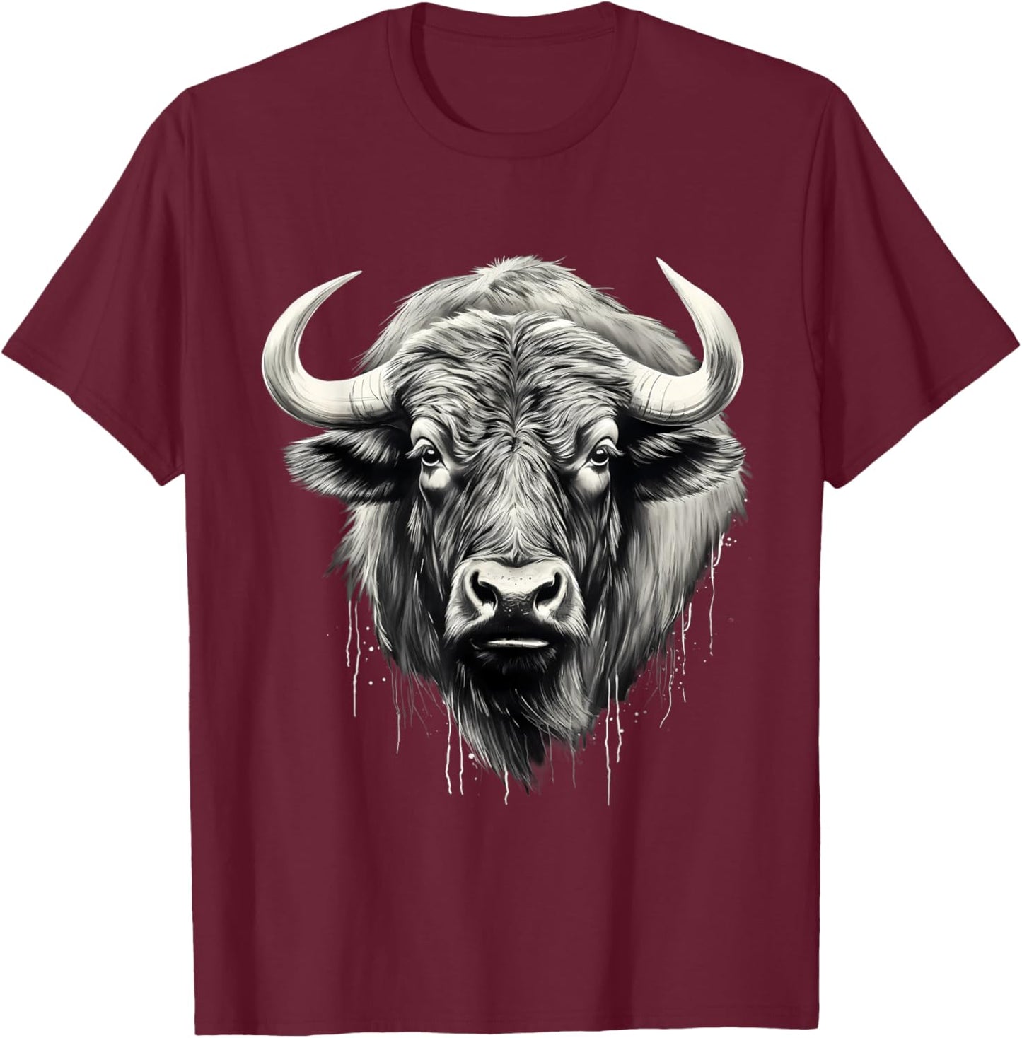 Buffalo Drawing Splash Artwork Bison Portrait Animal Print T-Shirt - T-Shirt | Maroon