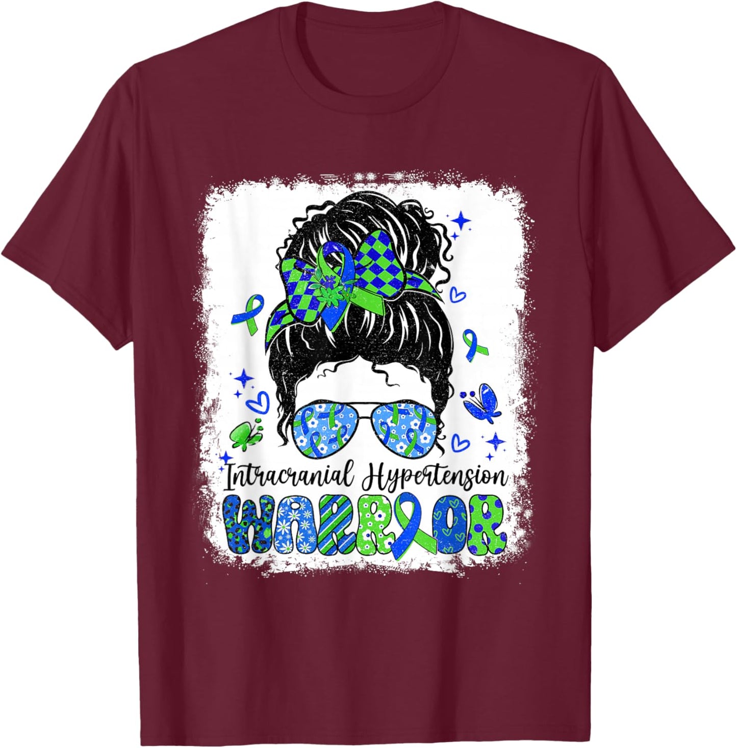 Warrior Messy Bun Green Blue Intracranial Hypertension T-Shirt - T-Shirt | Maroon