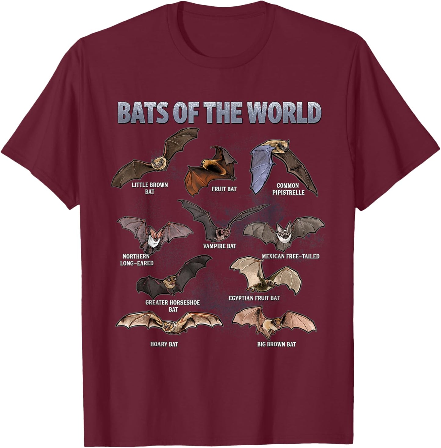 Bats of the World Educational Bat Species Chart T-Shirt - T-Shirt | Maroon