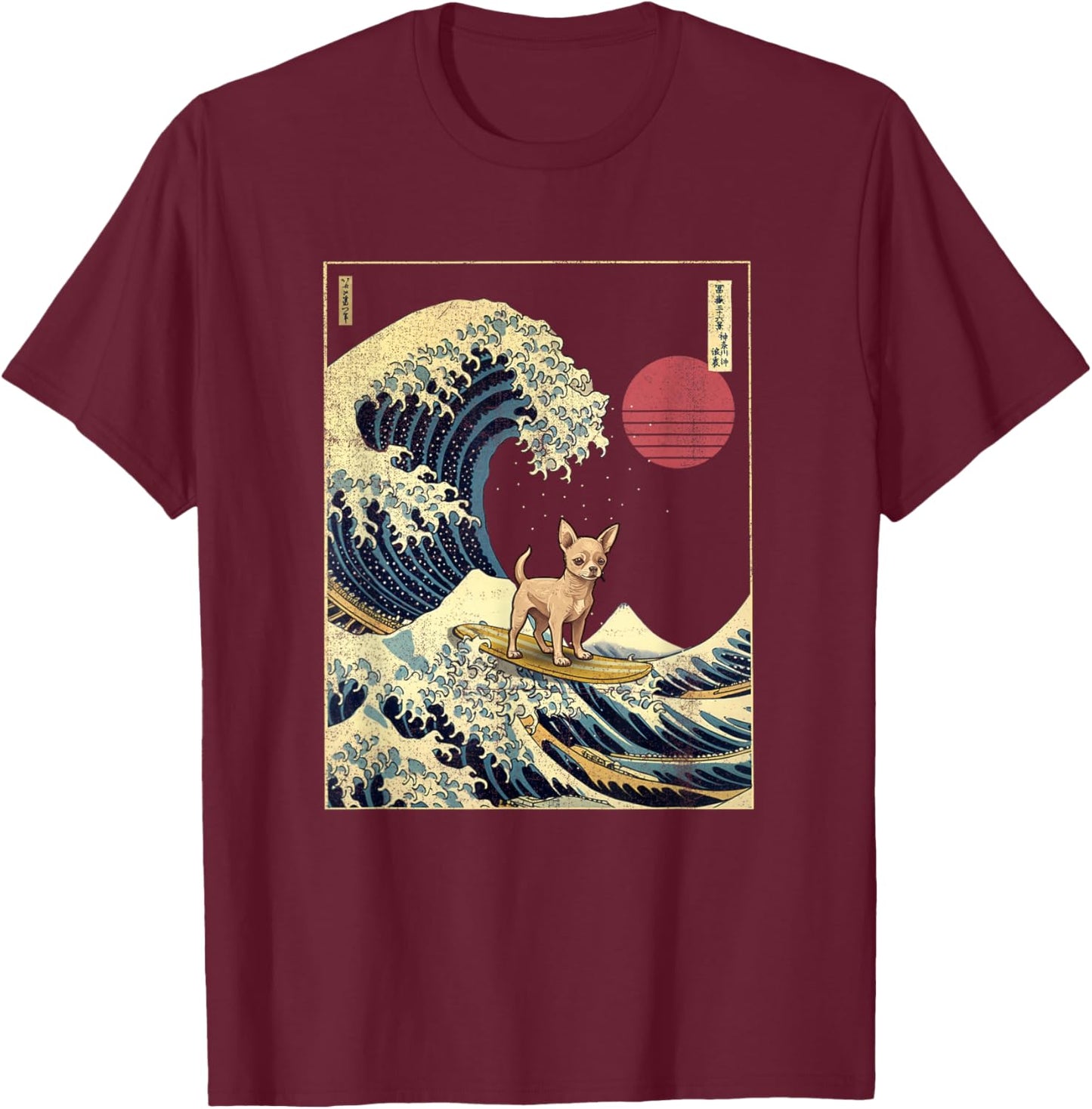 Chihuahua Japanese Kanagawa Wave Funny Surf Dog T-Shirt - T-Shirt | Maroon