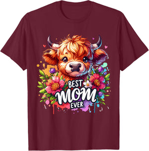 Best Mom Ever Highland Cow Floral Mother's Day T-Shirt - T-Shirt | Maroon