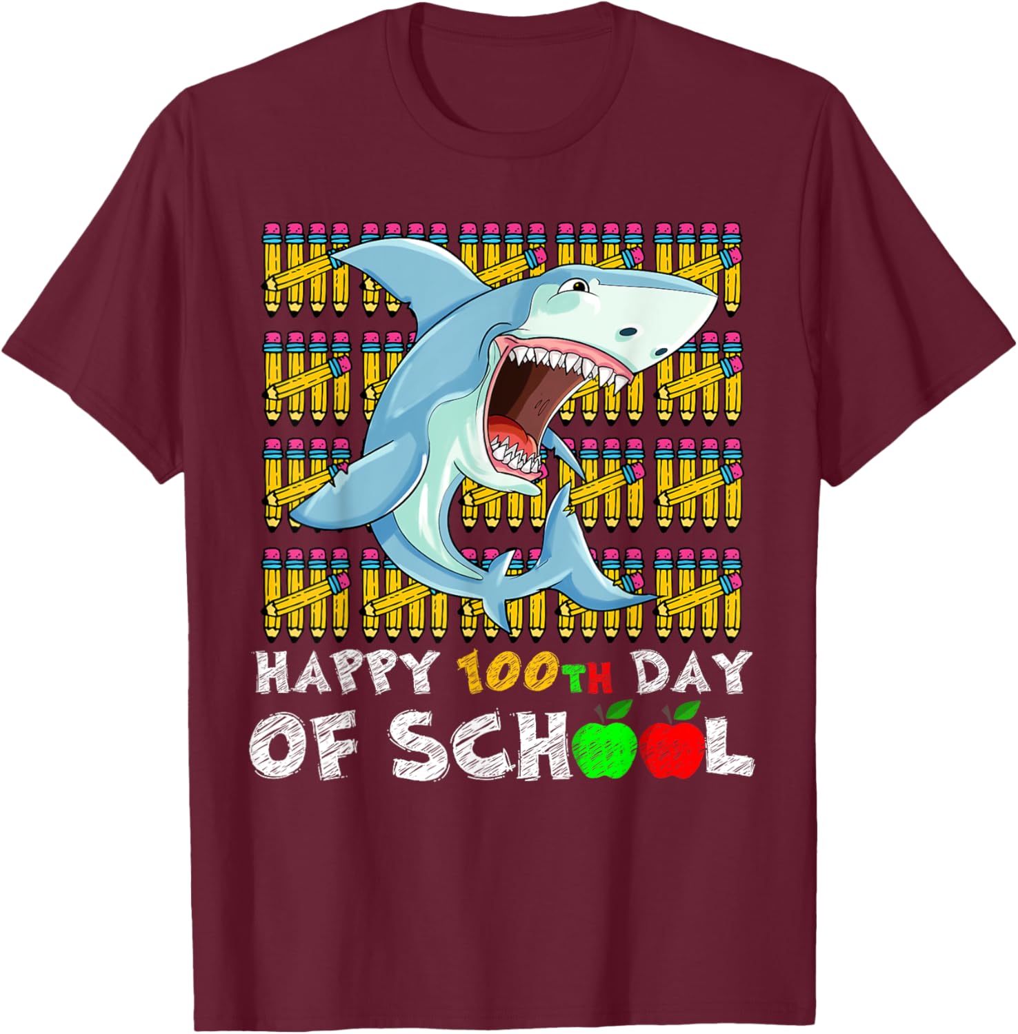 Happy 100th Day Of School Shark Funny Teacher Student Kids T-Shirt - T-Shirt | Maroon