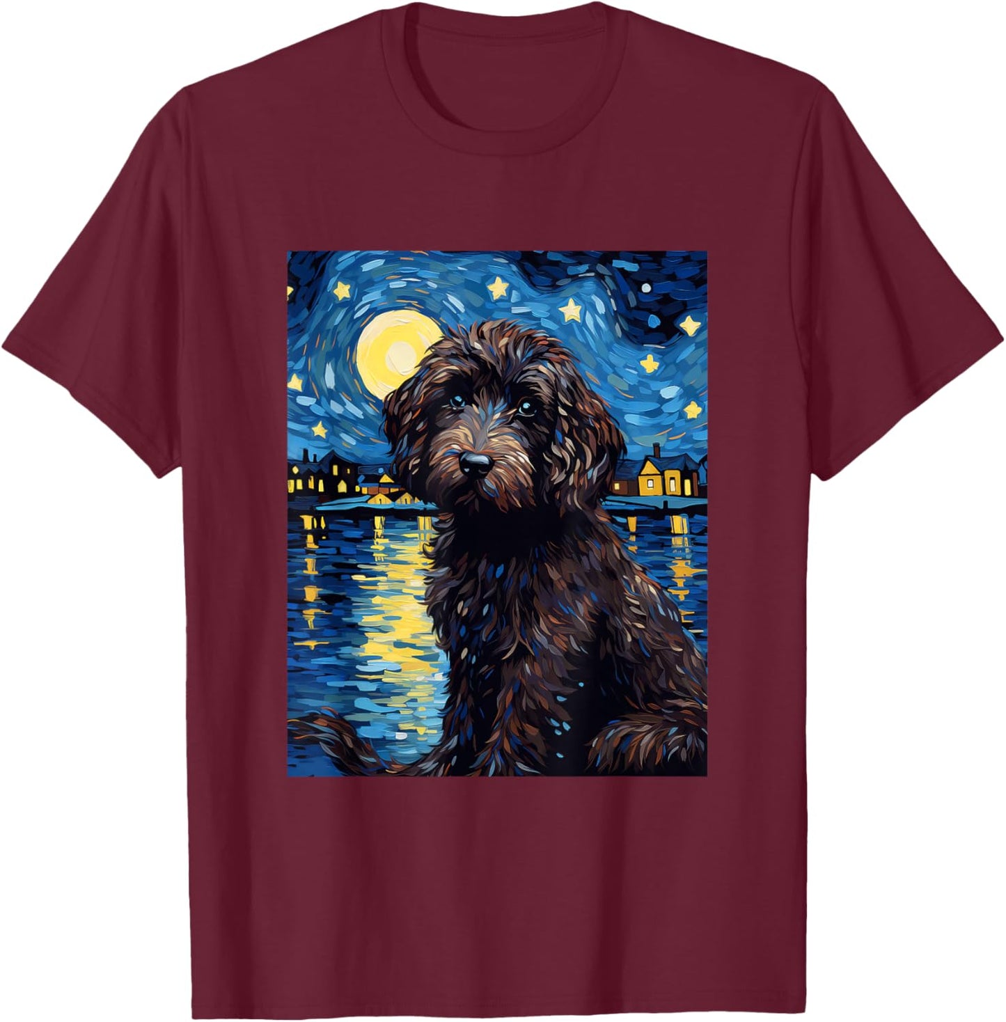 Portuguese Water Dog Starry Night Van Gogh T-Shirt - T-Shirt | Maroon