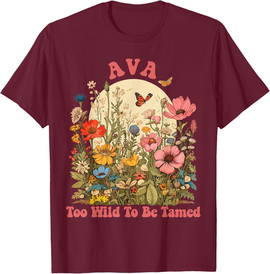 AVA Name Cute Retro Girls Wildflower AVA Name T-Shirt - T-Shirt | Maroon