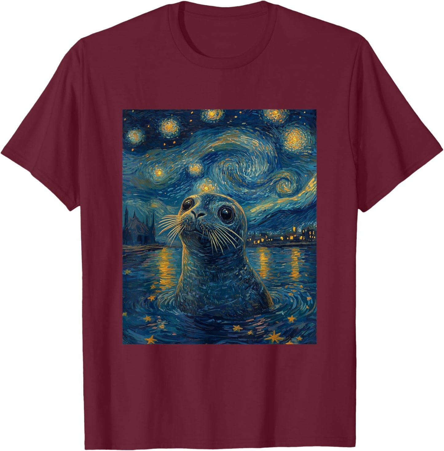 Cute Seal Sea Lion - Van Gogh Style - Starry Night Graphic T-Shirt - T-Shirt | Maroon