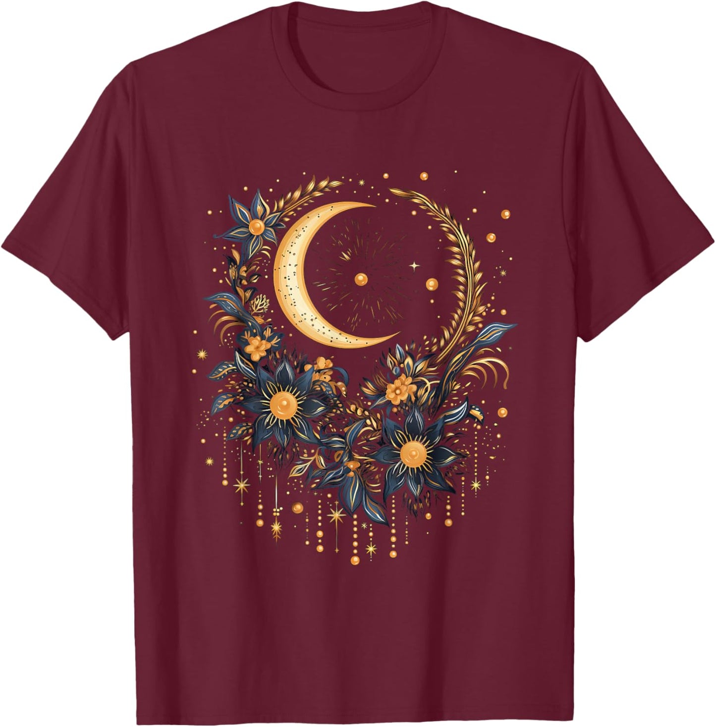 Mystical Sun and Moon with Woman Mystical Flowers Aesthetic T-Shirt - T-Shirt | Maroon