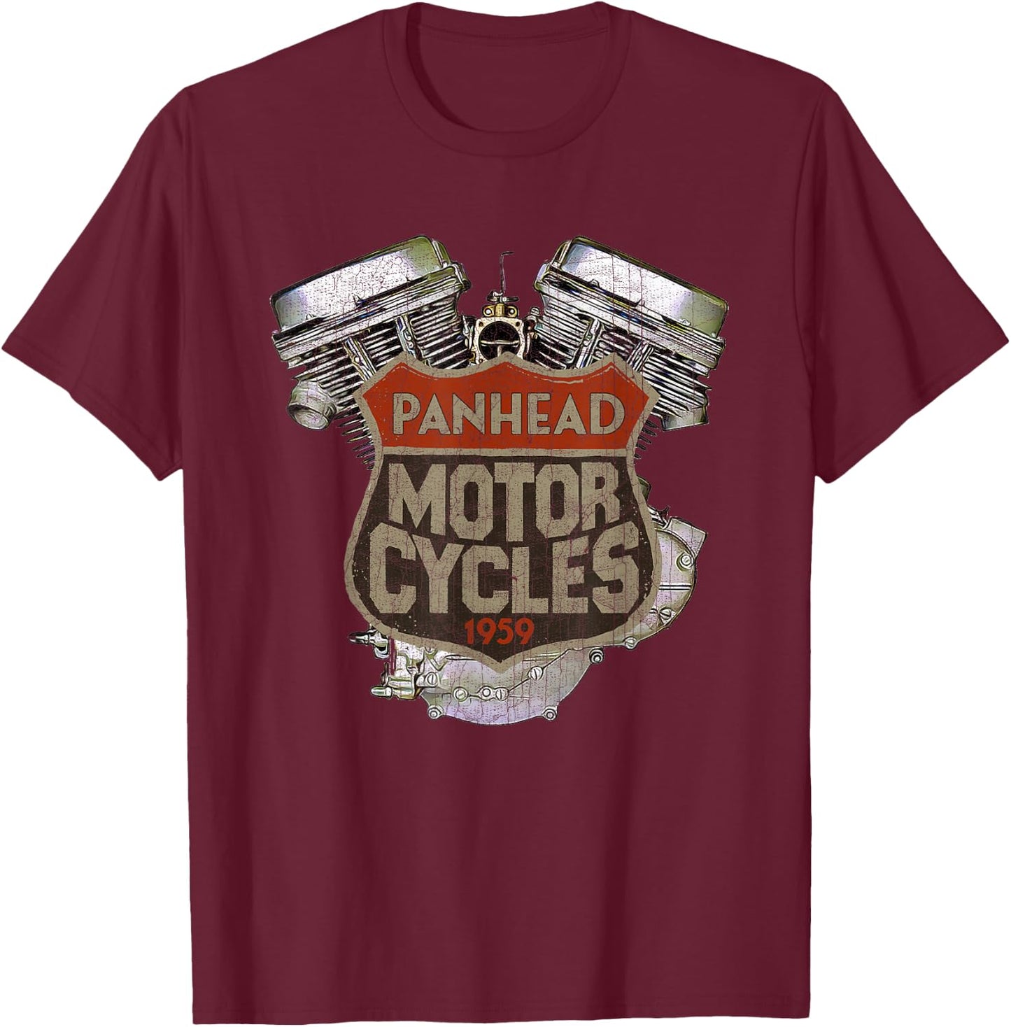 1959 Panhead Motorcycle Vintage Distressed Biker Chopper Rat T-Shirt - T-Shirt | Maroon