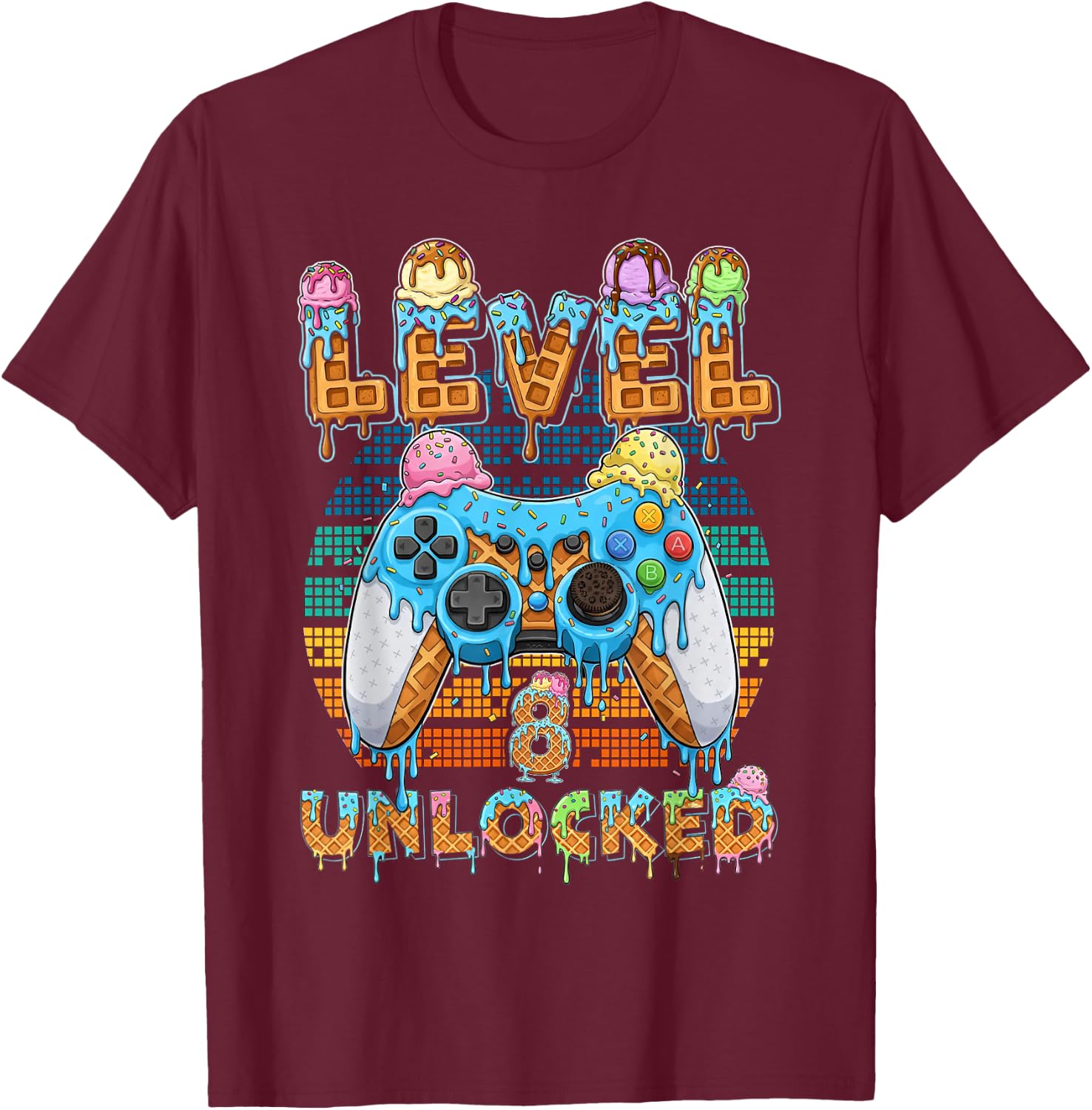 Level 8 Unlocked Gamer Birthday Ice Cream Retro Arcade T-Shirt - T-Shirt | Maroon