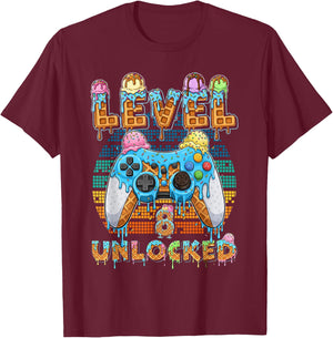 Level 8 Unlocked Gamer Birthday Ice Cream Retro Arcade T-Shirt - T-Shirt | Maroon