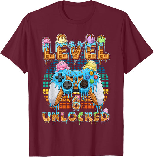 Level 8 Unlocked Gamer Birthday Ice Cream Retro Arcade T-Shirt - T-Shirt | Maroon