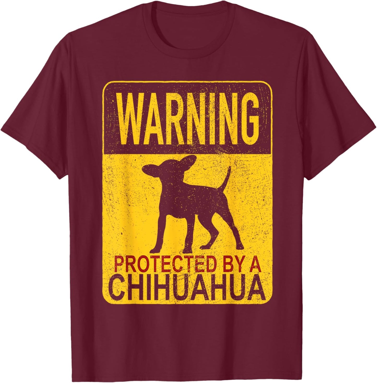 Warning Protected By A Chihuahua - Chihuahua Lover - Adults - Black - Small - Short Sleeve - Cotton & Polyester - Classic Fit - Embroidery - Dog Theme T-Shirt - T-Shirt | Maroon