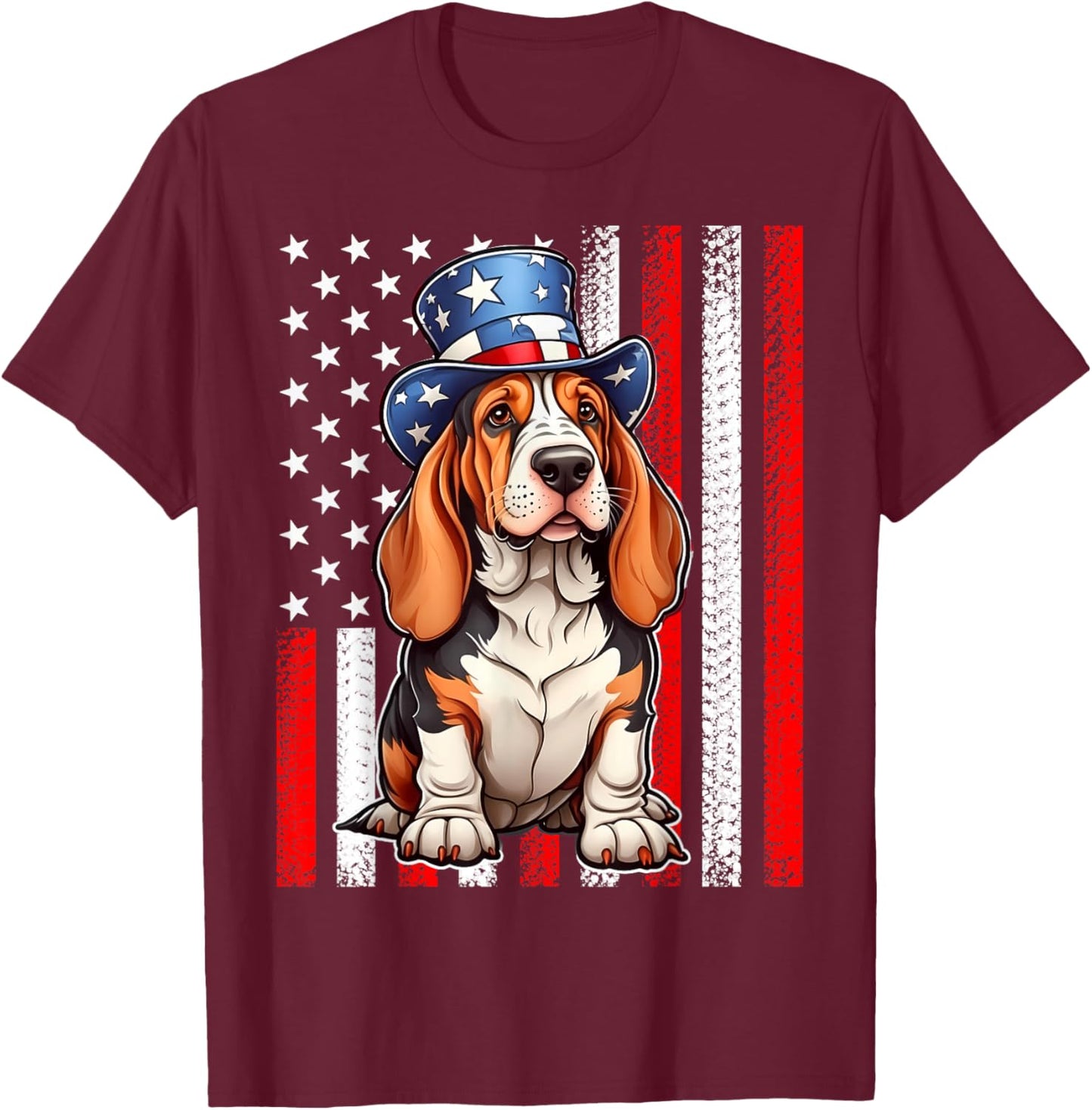 Pride Flag USA July 4 Patriotic Basset Hound Dog Lover T-Shirt - T-Shirt | Maroon