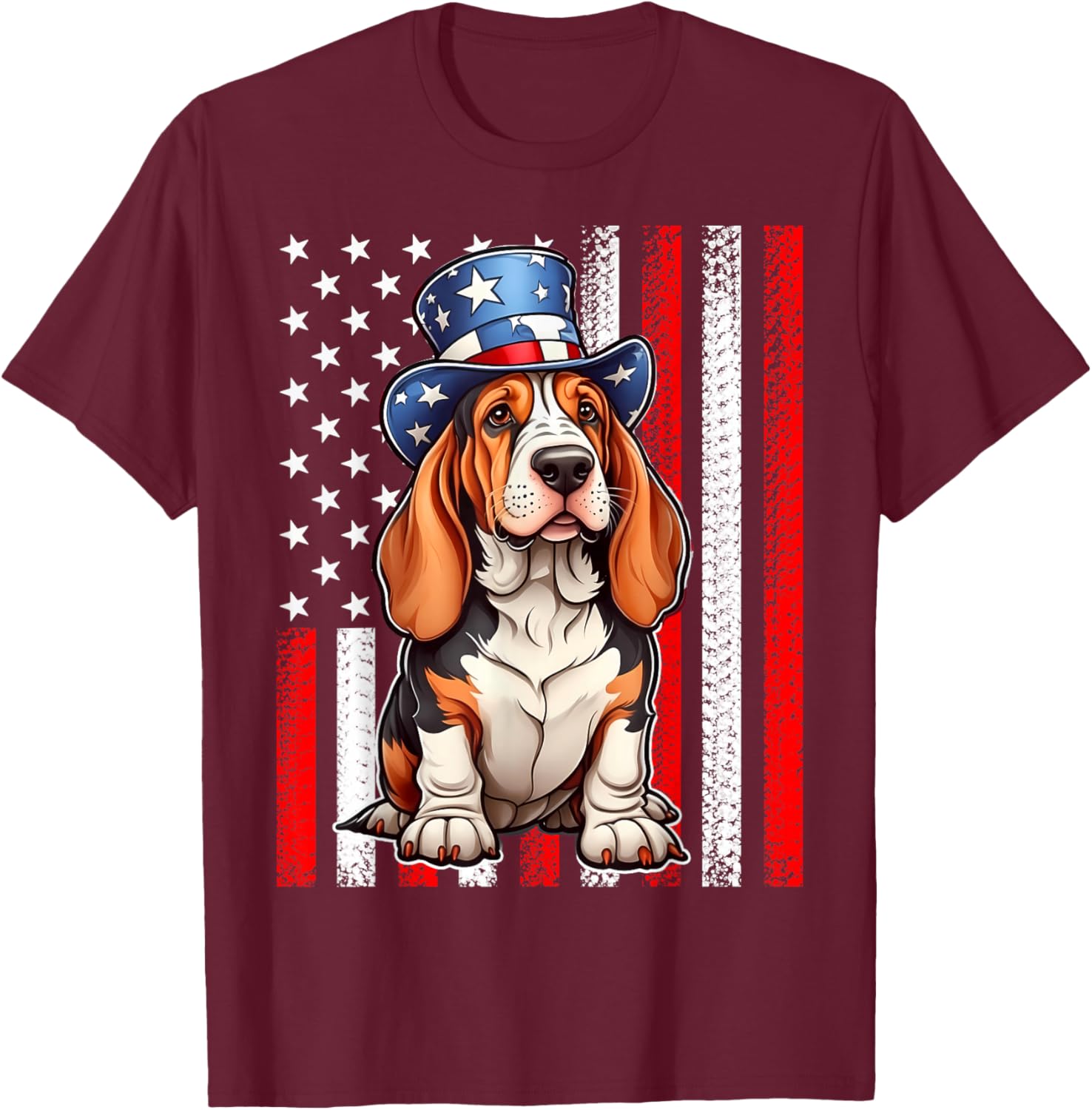 Pride Flag USA July 4 Patriotic Basset Hound Dog Lover T-Shirt - T-Shirt | Maroon