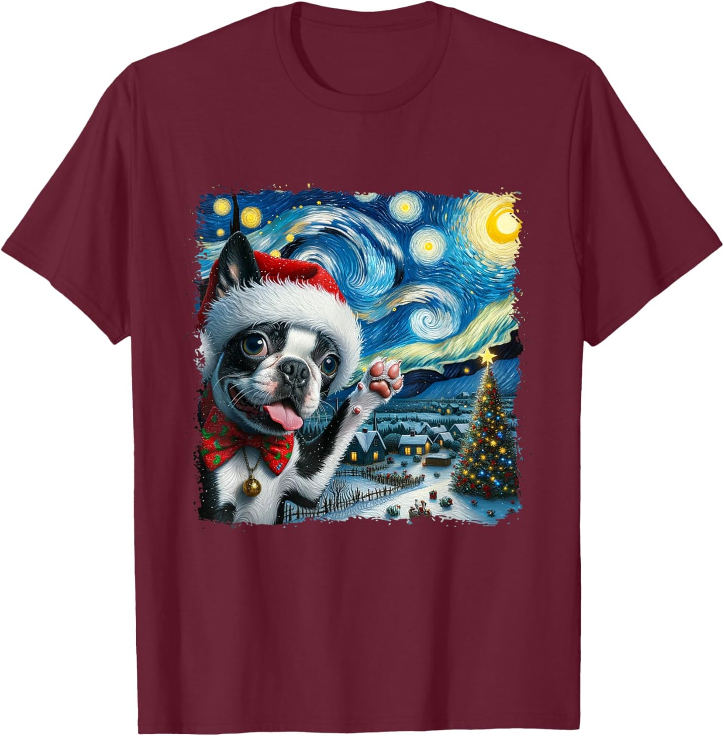 Boston Terrier Santa Starry Night Van Gogh Christmas Dog Men Women Kids T-Shirt - T-Shirt | Maroon