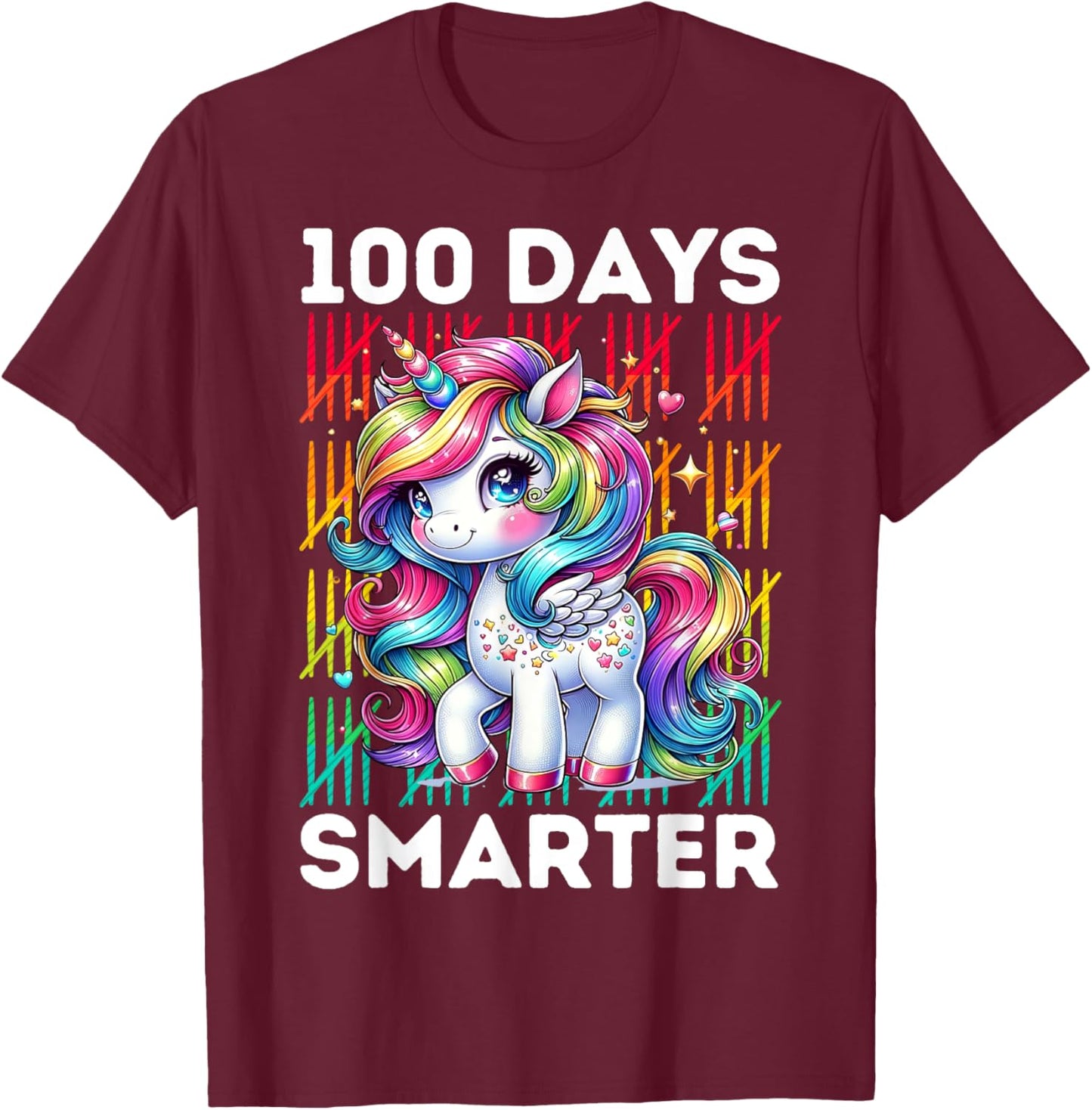 100 Days Smarter Kids 100th Day of School Rainbow Unicorn T-Shirt - T-Shirt | Maroon