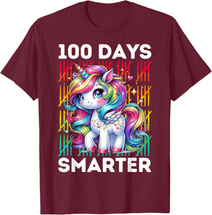 100 Days Smarter Kids 100th Day of School Rainbow Unicorn T-Shirt - T-Shirt | Maroon