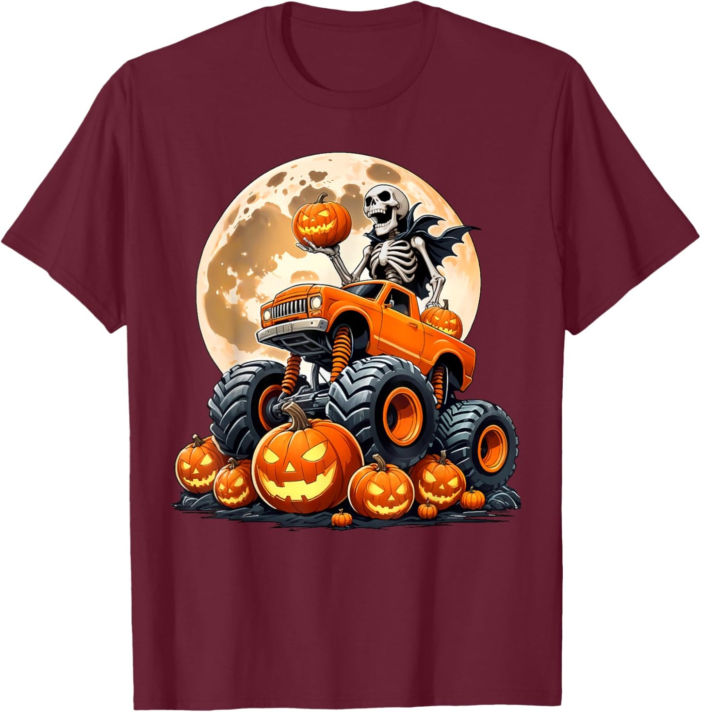 Skeleton Riding Monster Truck Halloween Pumpkin Kids Toddler T-Shirt - T-Shirt | Maroon
