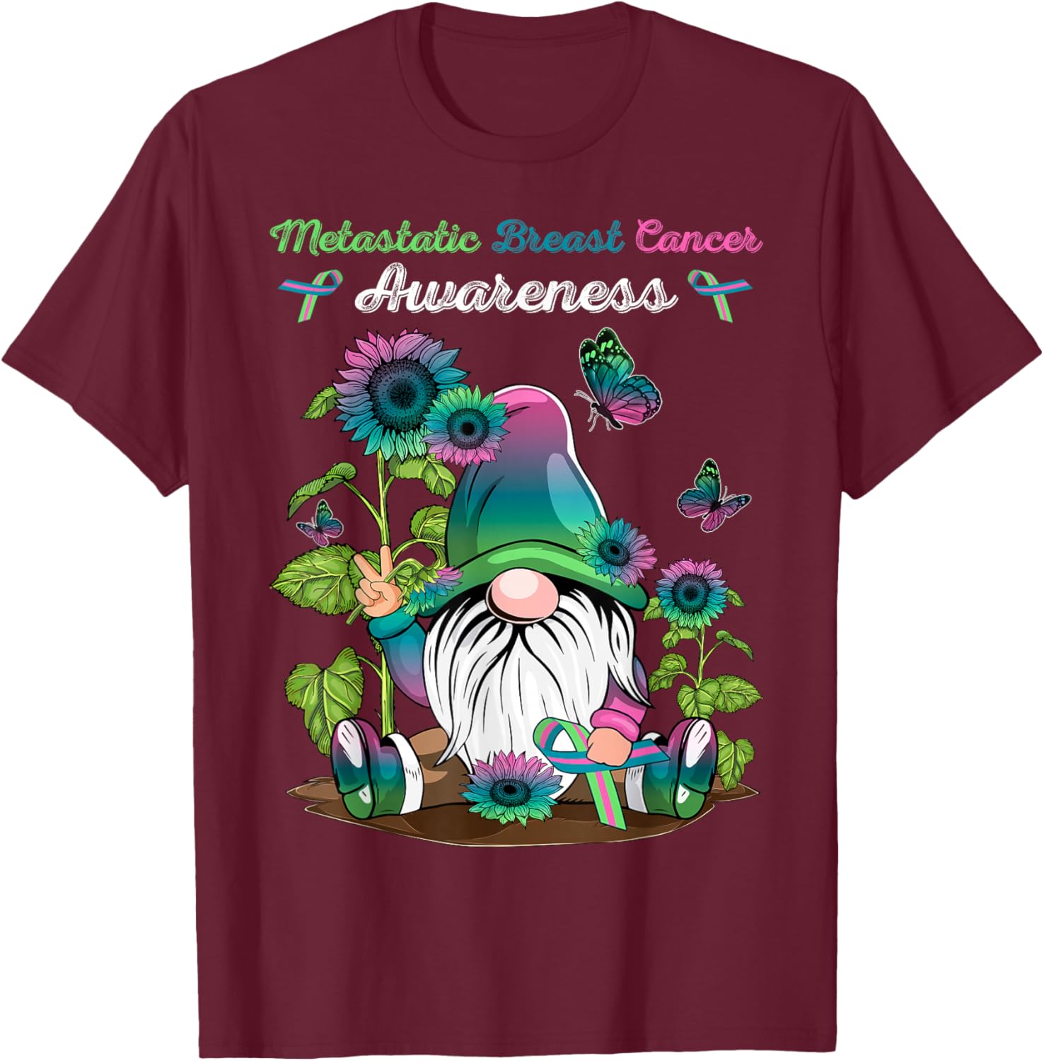 Metastatic Breast Cancer Gnome With Green Teal Pink Ribbon T-Shirt - T-Shirt | Maroon