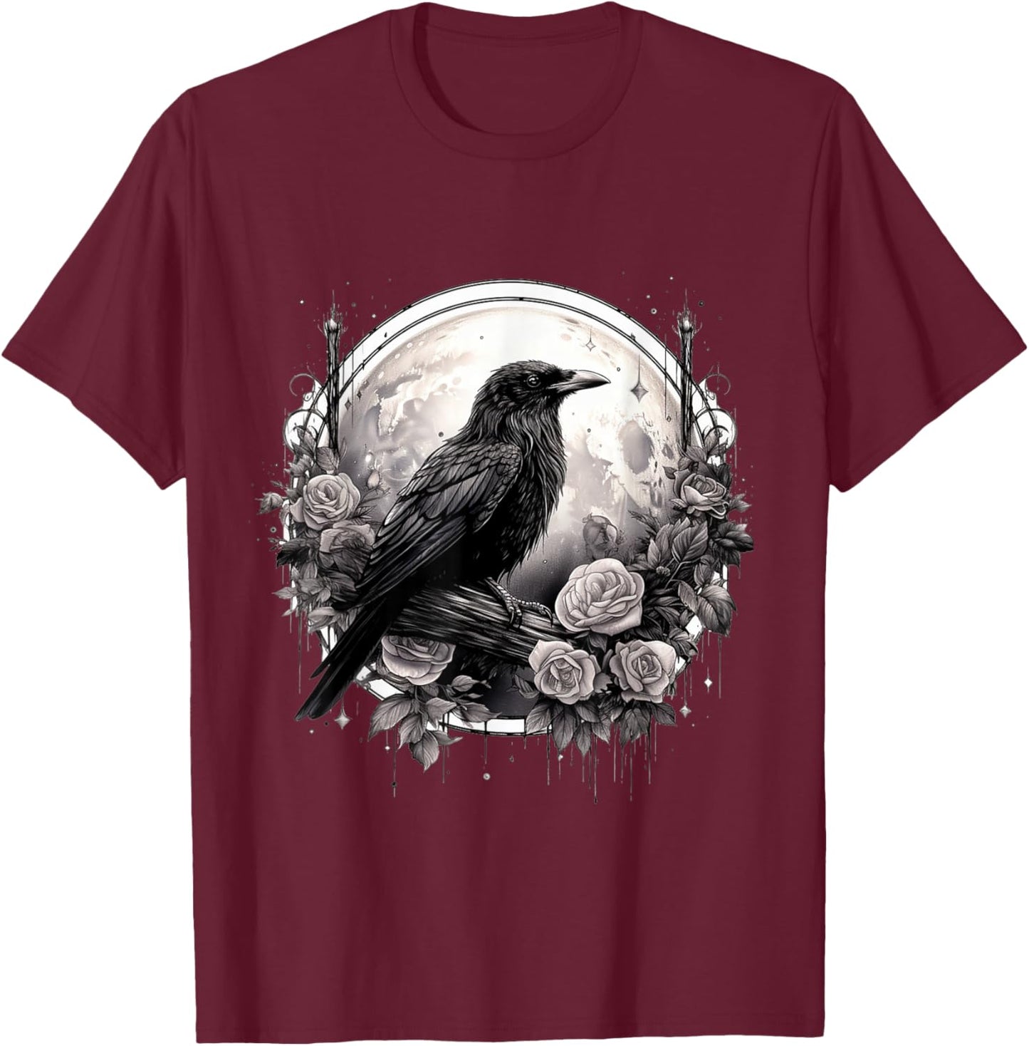Raven Full Moon Gothic Witchy Crow Roses Mystical T-Shirt - T-Shirt | Maroon