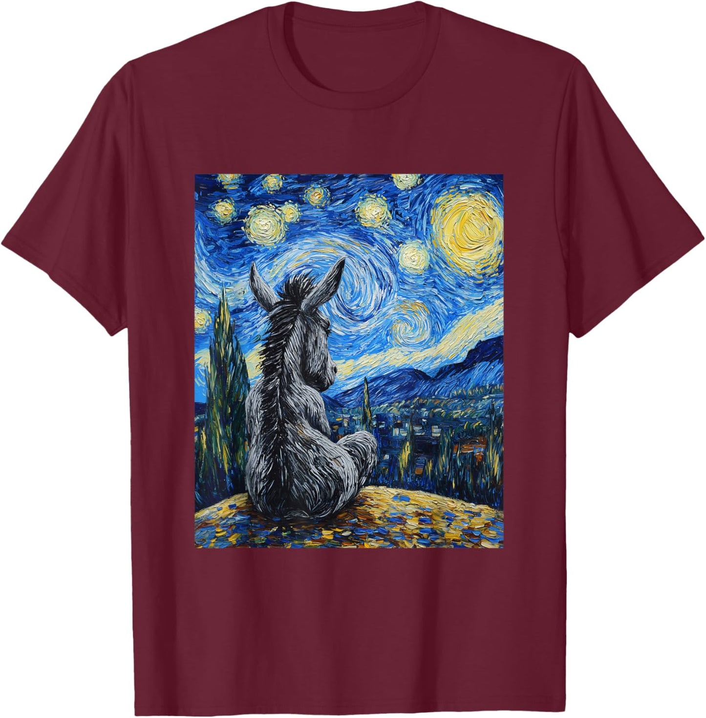 Donkey Van Gogh Style Starry Night Funny Graphic T-Shirt - T-Shirt | Maroon