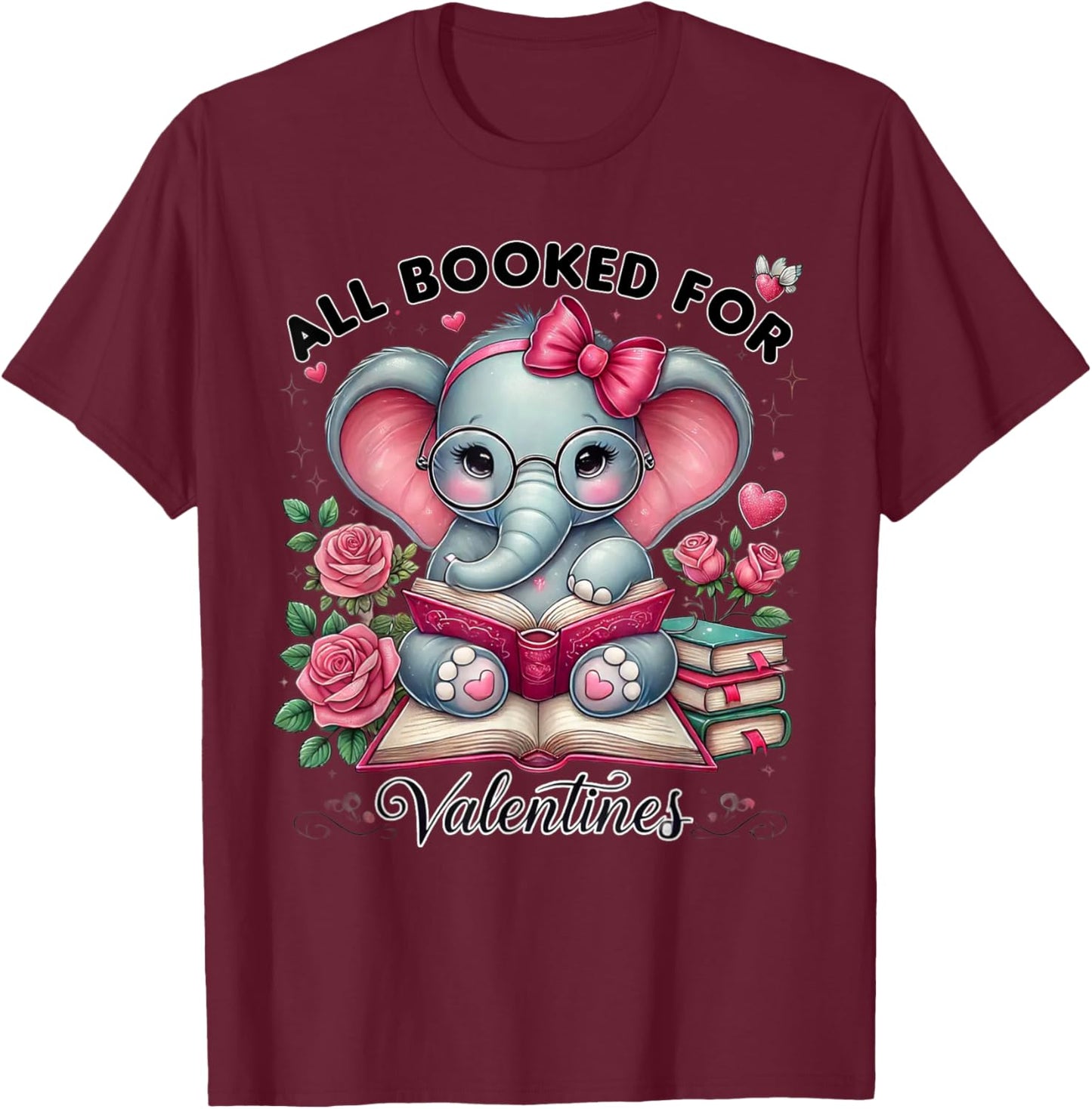 All Booked for Valentines Elephant with Glasses T-Shirt - T-Shirt | Maroon