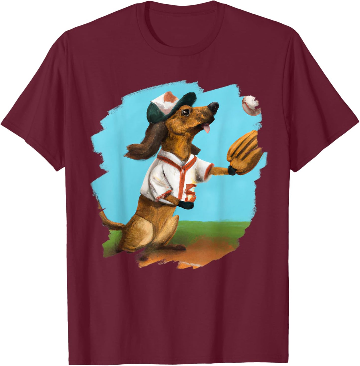 Dachshund Chiweenie Wiener Dog Playing Baseball Funny Men Women Kids T-Shirt - T-Shirt | Maroon