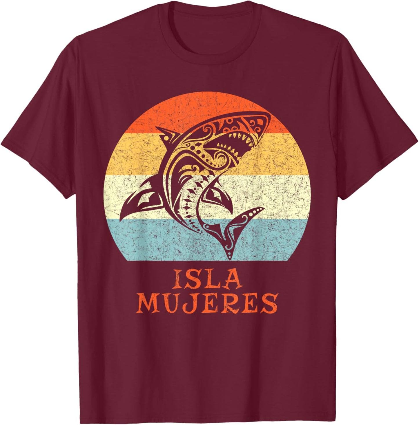 Isla Mujeres Caribbean Shark Vintage Retro Vacation T-Shirt - T-Shirt | Maroon