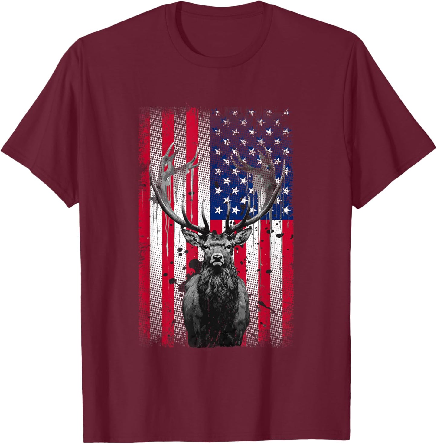 American Flag Outdoor Antlers Elk Deer Kids Men T-Shirt - T-Shirt | Maroon