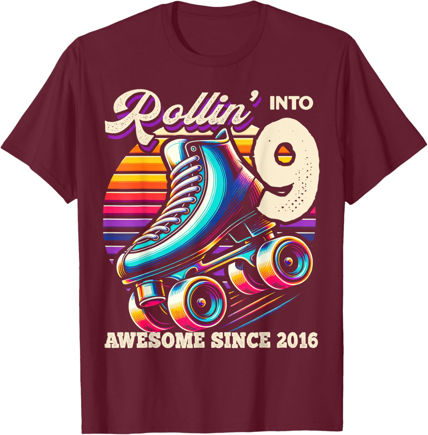 Birthday Roller Skating 9th Girls Rollin into 9 Skate Party T-Shirt - T-Shirt | Maroon