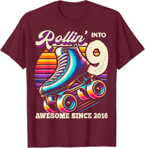 Birthday Roller Skating 9th Girls Rollin into 9 Skate Party T-Shirt - T-Shirt | Maroon